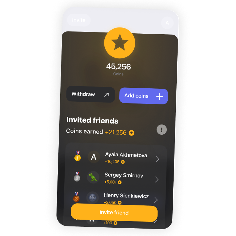 Twixer application page showing the wallet of accumulated coins and the list of invited friends to the referral system