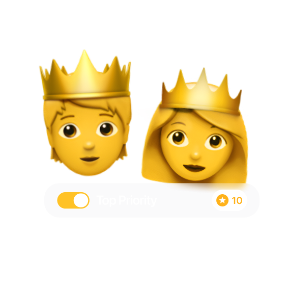 Emoji of a guy and a girl in crowns with the Twixer interface for enabling top priority mode